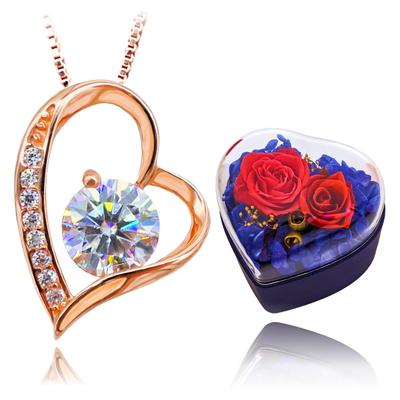Collana con zirconi di altissima qualità, incisa con fiori conservati, set regalo di Natale, cuore aperto, compleanno, donna, oro, fiori conservati, scatola portagioie [Atlante]
