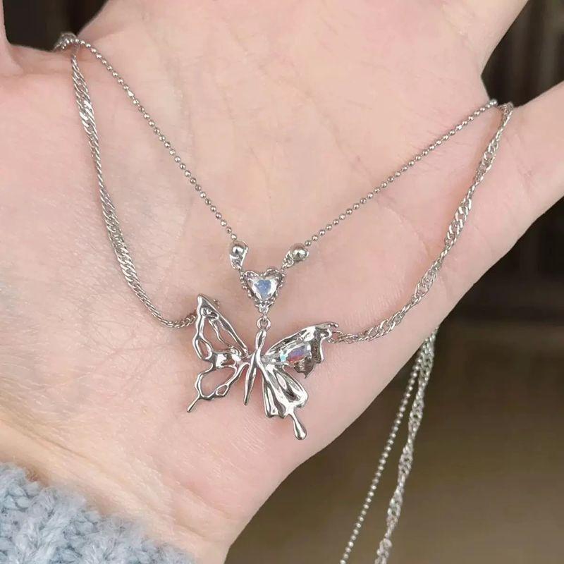 Commuting Fashion Multi Style Necklaces Versatile Sweet Butterfly Necklace Y2k Fairy Pink Crystal Bow Knot Pendant Necklaces