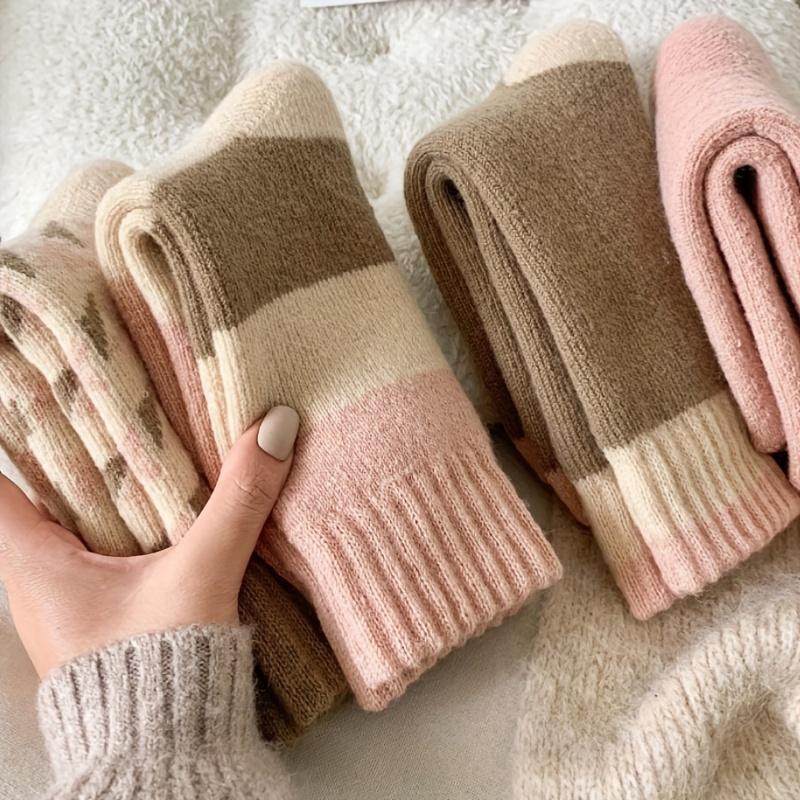 high quality4 Pairs Women'S Thick Warm Mid-Calf Socks - Soft, Comfortable Striped Design in Pink, Beige, Brown & White, Perfect for Fall/Winter,