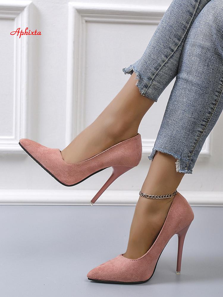 Fashion Aphixta 4.72 Inch Super High Stiletto Heels Pumps Women Solid Office Flock Pointed Toe Party Shoes Woman Plus Large Size 44 45