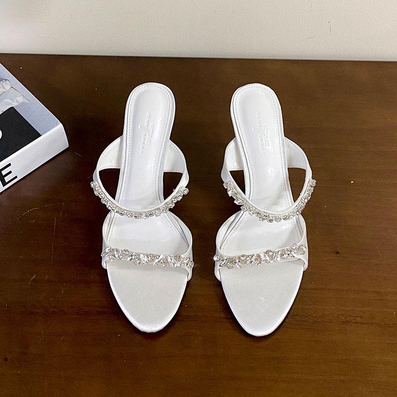 Fashion Luxury Fashion Thin Heels Women Pumps Slides Shoes Rhinestones Female Slip On Footwear Round Toe Ladies Heeled Shoes Sandals
