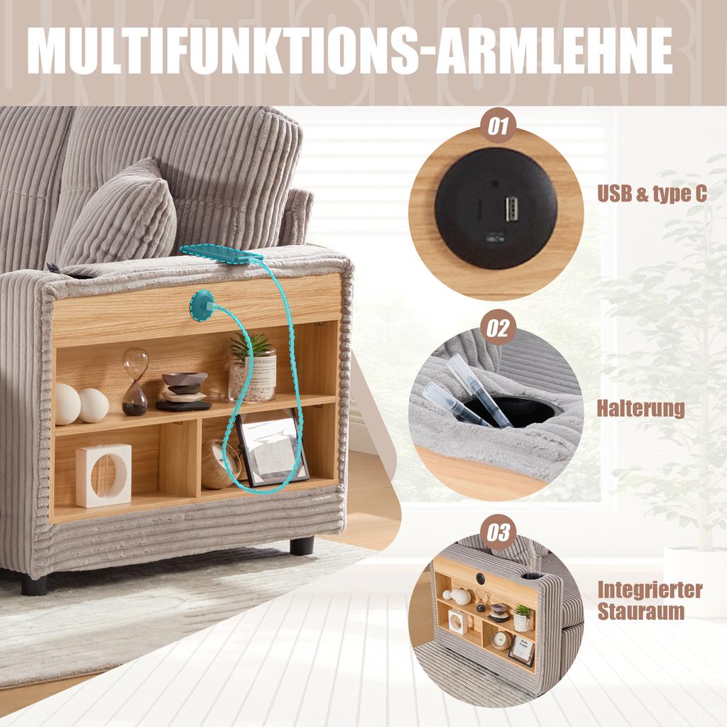 Divano Multifunzionale in Velluto a Coste con Contenitore e Letto Estraibile. Compreso. USB-C, Illuminazione Ambientale, Portabicchieri e Braccioli Larghi.
