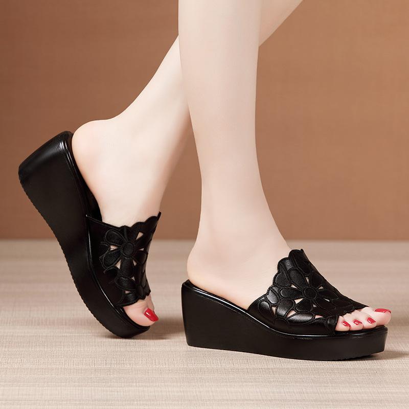 Platform Black Summer Women's Sandals PU Leather Wedges High Heel Hollow Peep Toe Female Ladies Shoes Beach Slippers Rome Style