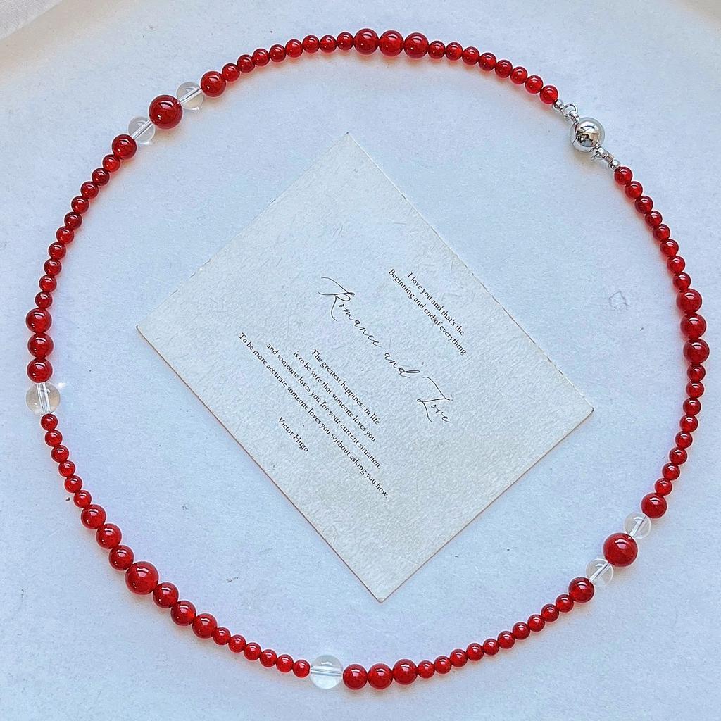 Retro National Style Natural Pink Crystal Contrasting Color Blue Quartzite Jade Natural White Crystal Necklace Neck Chain Lock