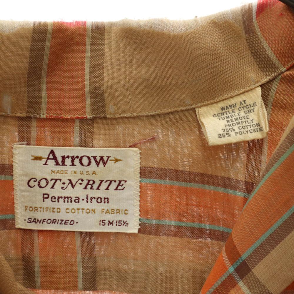 ARROW 60s Vintage USA made open collar Check Pattern Long sleeve Open color shirt Men's Used