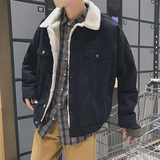 Men's Korean Style Winter Lambswool Denim Jacket - Fleece Lined, Thick Cotton Coat.
