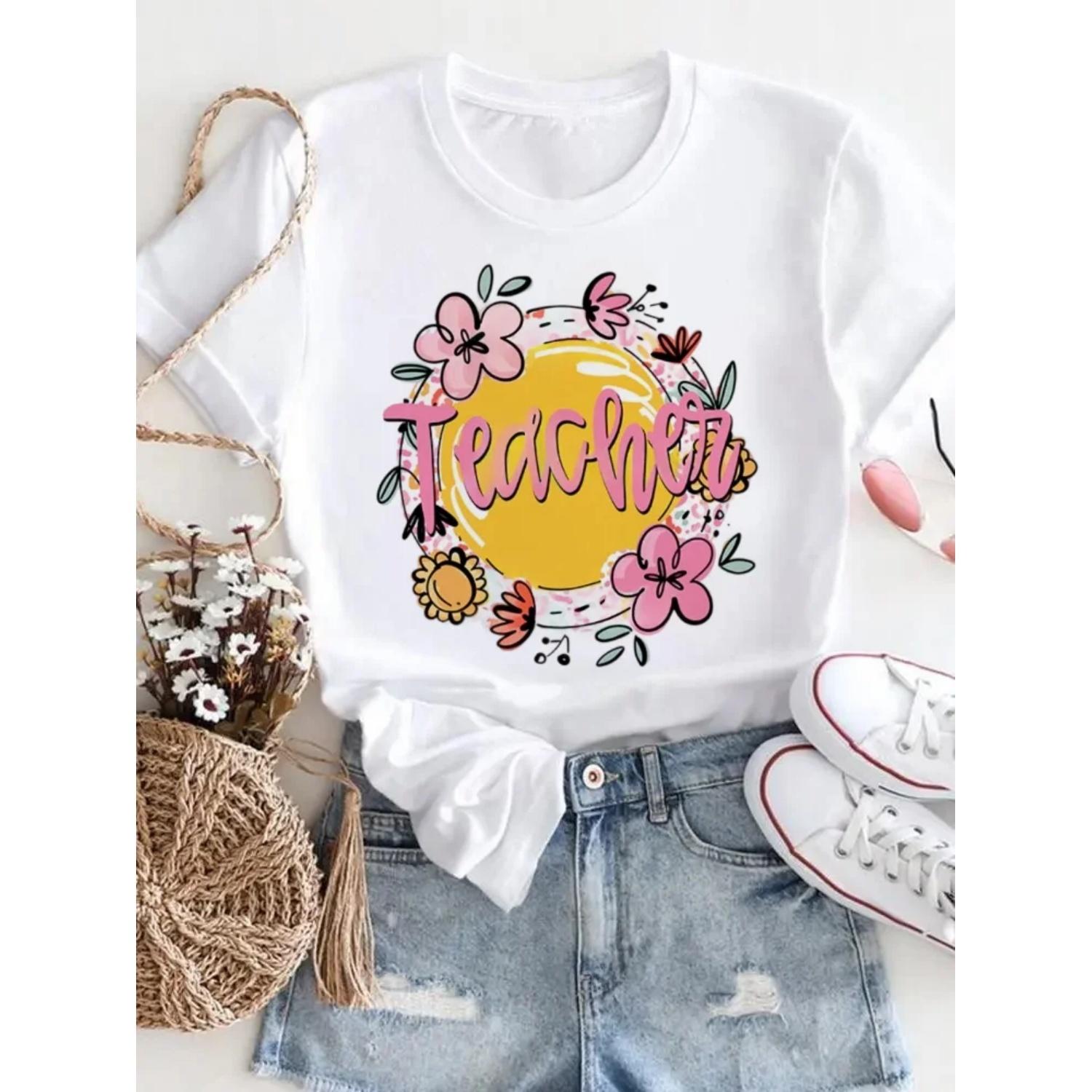 Fashionable Women s Flower Pattern Printed Short Sleeve Clothing Printed 90s T-Shirt Sweet Leisure Trend Summer Women s T-Shirt S