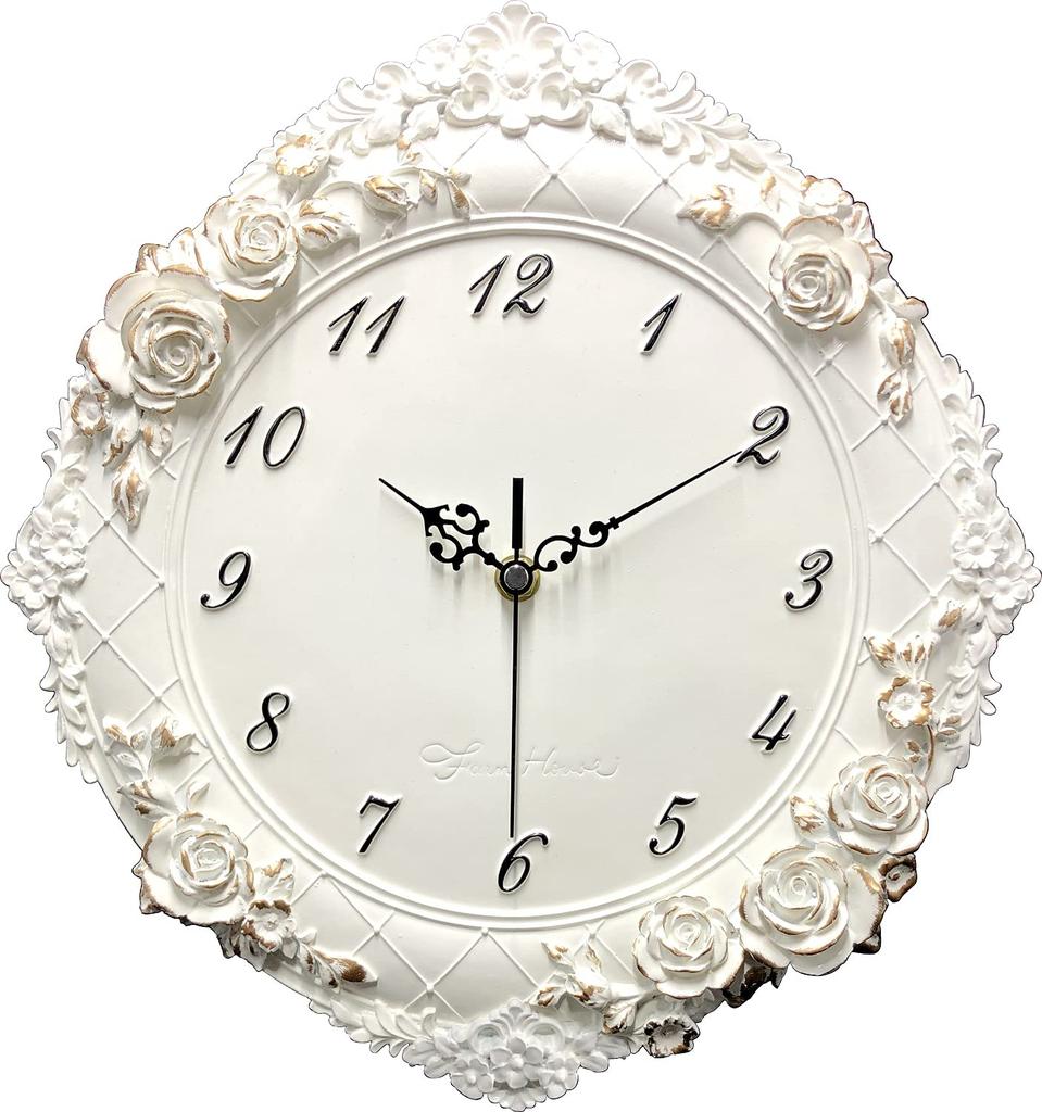 YRO Rose Relief Wall Clock, Elegant, Quiet, 30cm, Suitable for Beauty Salons, Bedrooms, White, Princess Style, Cute (Type B)