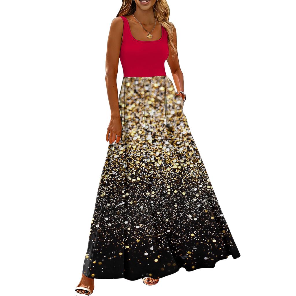 Ladies' floral print summer casual and fashionable sleeveless long dress