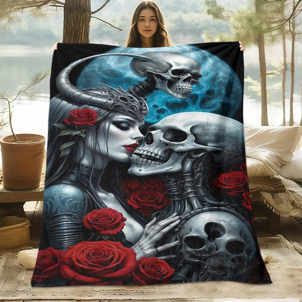 1pc Skin-Friendly Skull Rose Night Scene Pattern Digital Print Blanket, Suitable for All Seasons, Sofa Blanket, 100% Polyester Fiber, Soft and Comfort
