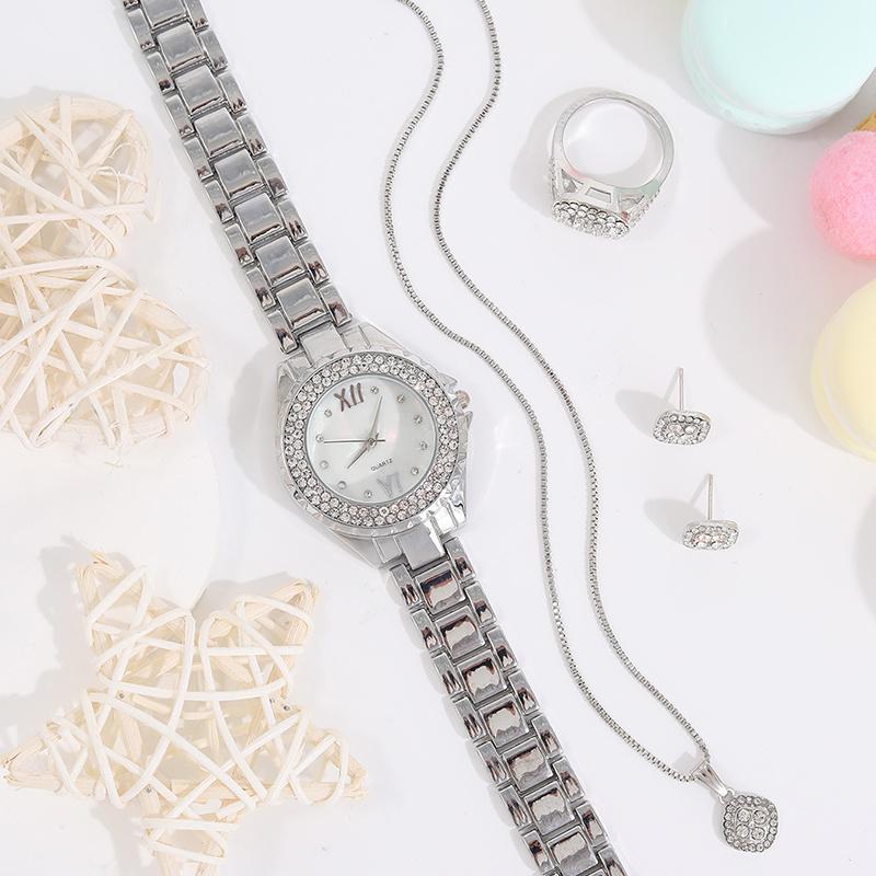 5PCS Personalized Luxury Silver Pointer Quartz Watch Women's Square Pendant Necklace with Diamond Earrings Ring Set for Girls