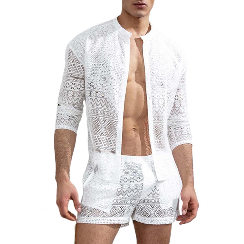1 sada Populární pánský outfit Sexy muži Top šortky Hollow Out Průhledné Háčkované Košile Šortky Single Breasted