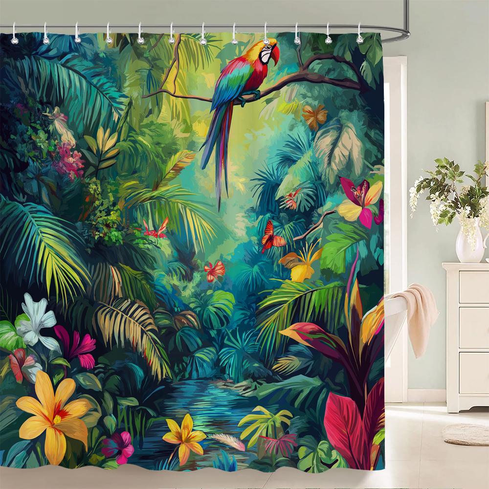 Tropical Plants, Flowers and Birds Shower Curtain for Bathroom Plant and Floral Decorative Shower Curtains with Hooks