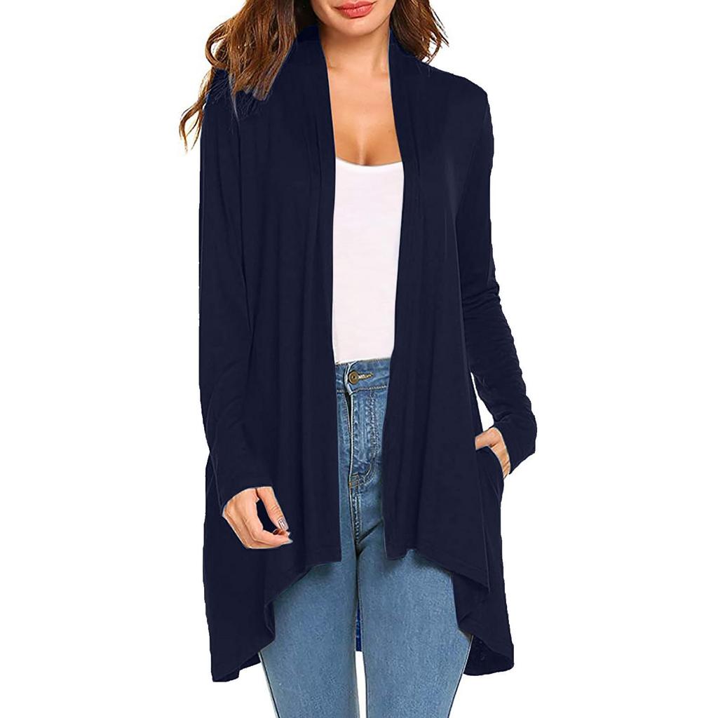 European and American Women's Knit Long Sleeve Solid Cardigan with Pockets - In Stock