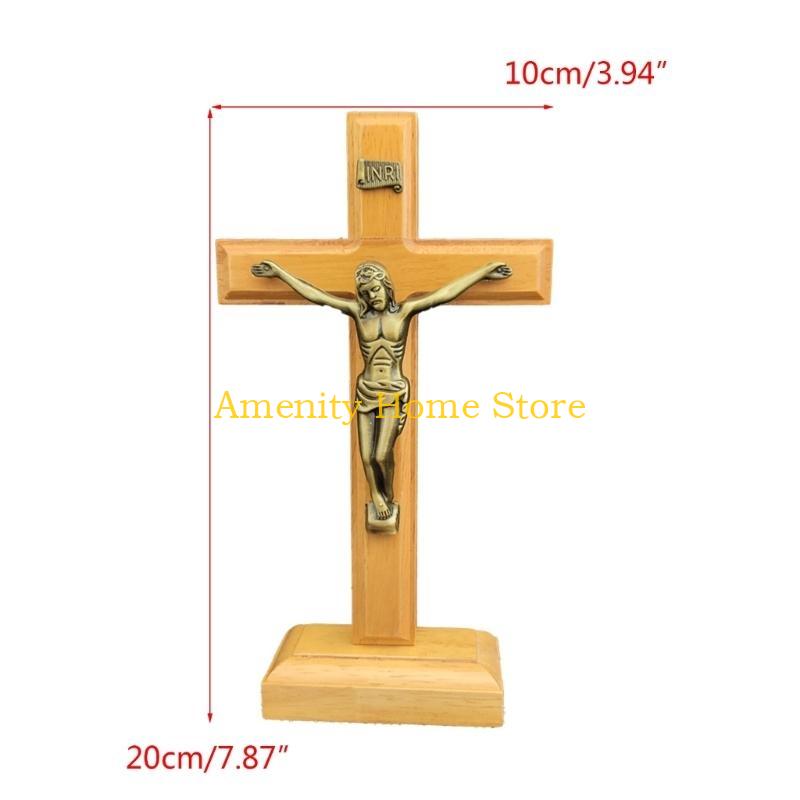 F26C Wood Catholic Jesus Cross Crucifix with Stand Religious Prayer Tabletop Decoration Home Shelf Tabletop Ornaments Gift