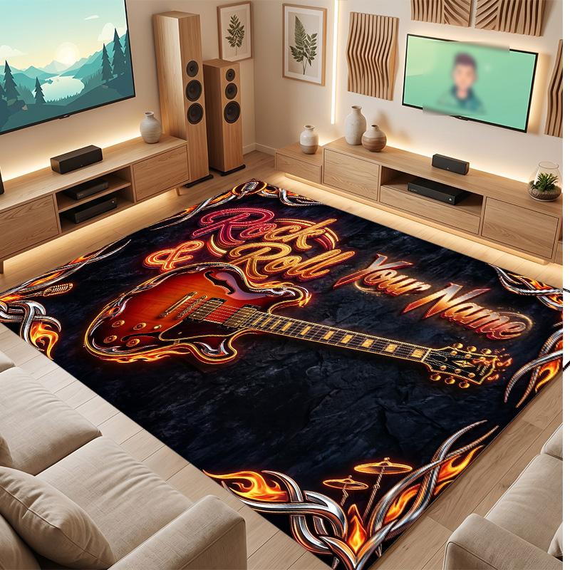 Music Theme Soft Crystal Velvet Rug Custom Name & Text Print Non Slip Floor Rug for Bedroom Living Room