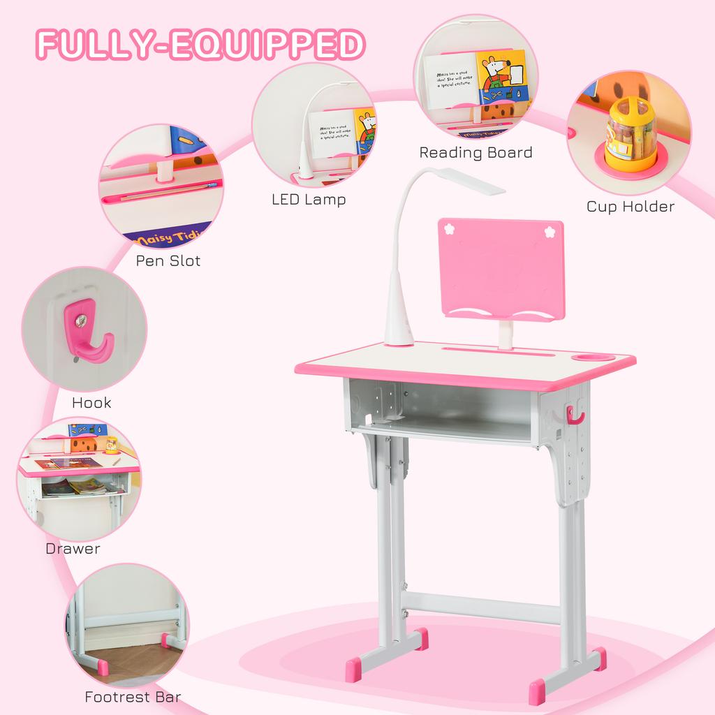 Kids Desk And Chair Set Adjustable Height Study Table Set With Drawer Book Stand Pen Slot Pink