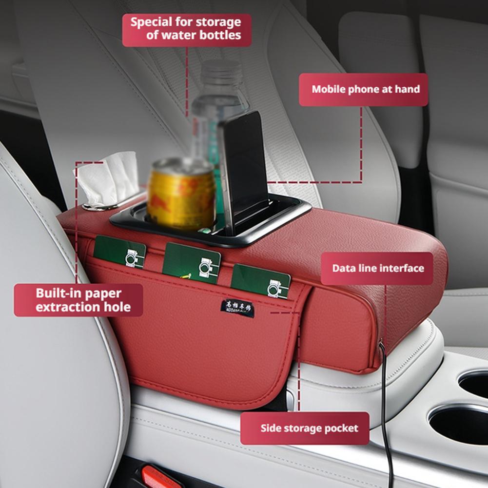 USB-AnschlussAuto-Armlehnenbox Booster-Pad mit USB-Anschluss Multifunktionale Auto-Taschentuchbox Center-Armlehnenbox Aufbewahrung mit Getränkehalter