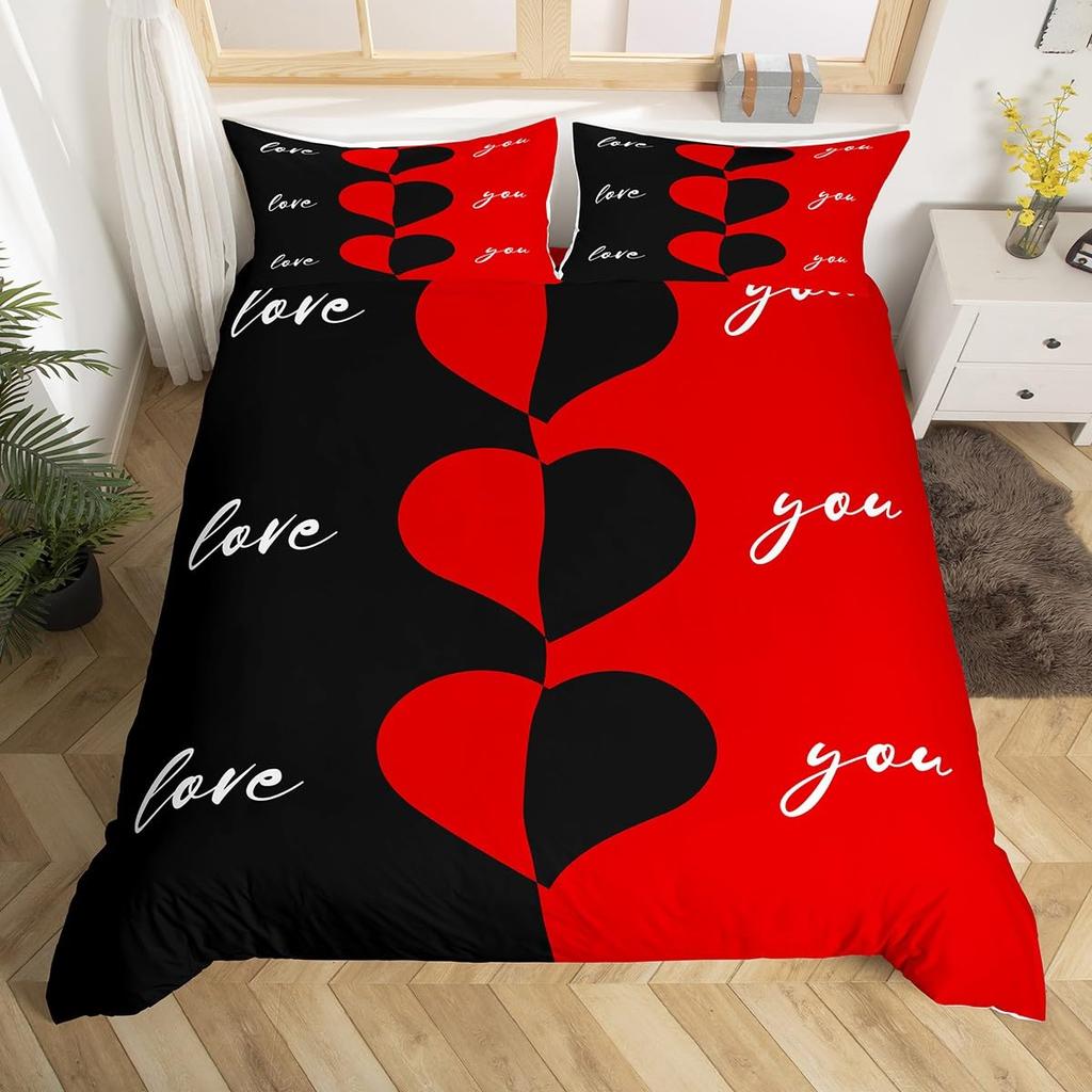 Red Hearts Soft Duvet Cover Set Quen Sized Dimensions, Red plus White Love Beding Set,Romantic Valentine Warm Comforter Cover Set,Couple Hearts Love