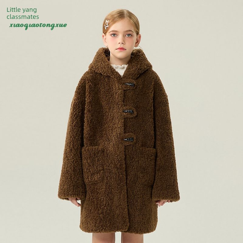 Children's Fur Coat 2025 Autumn and Winter New Style Girls' Imitation Lamb Wool Coat for Little Girls, Mid-Length Hooded