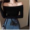 American Retro One Shoulder Long Sleeved T-shirt for Women Featuring Off the Shoulder Beauty Unique Style and Sexy Tight Fitting Base Shirt