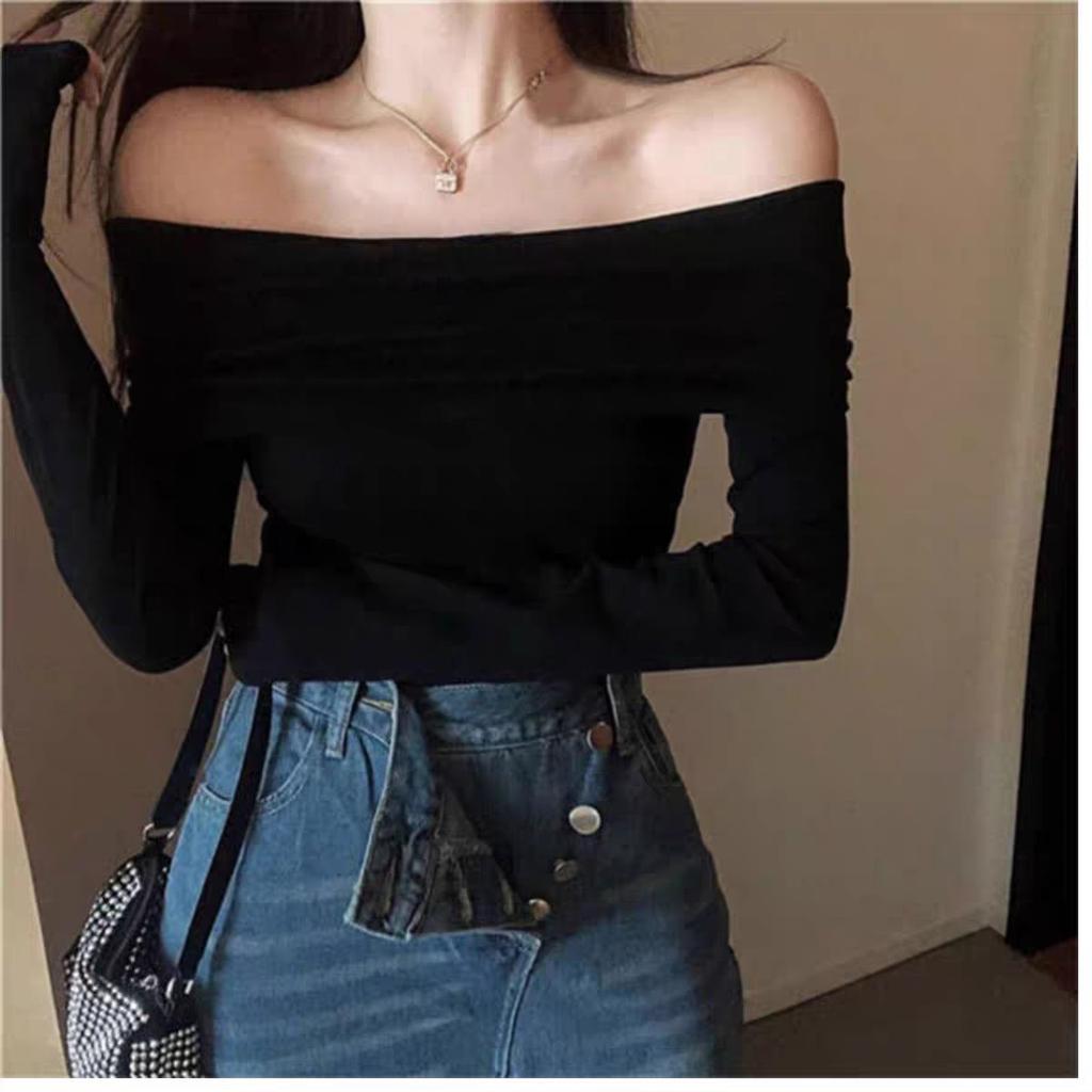American Retro One Shoulder Long Sleeved T-shirt for Women Featuring Off the Shoulder Beauty Unique Style and Sexy Tight Fitting Base Shirt
