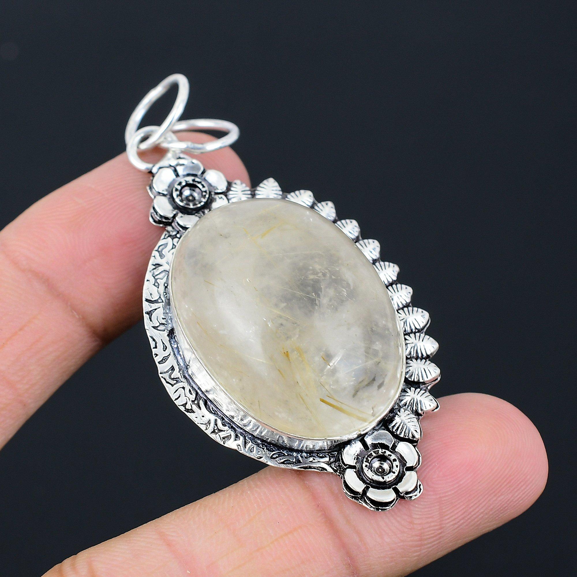 Daughters Day Deal Sterling Silver Oval Golden Rutile Gemstone Flower Pendant