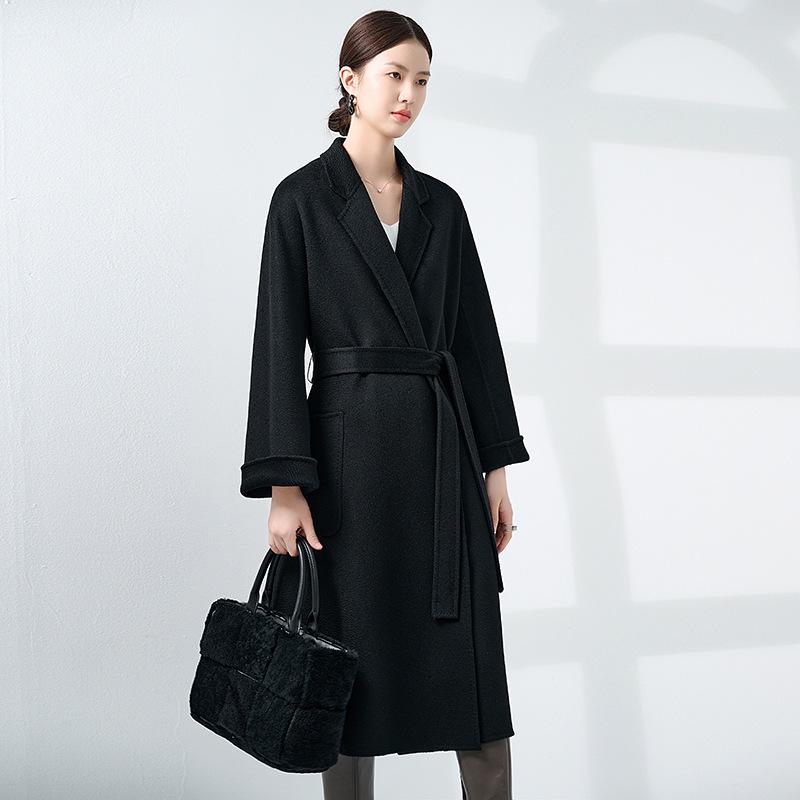 100% Pure Cashmere Water Ripple Double-Faced Wool Coat with Belt - Women's Outerwear