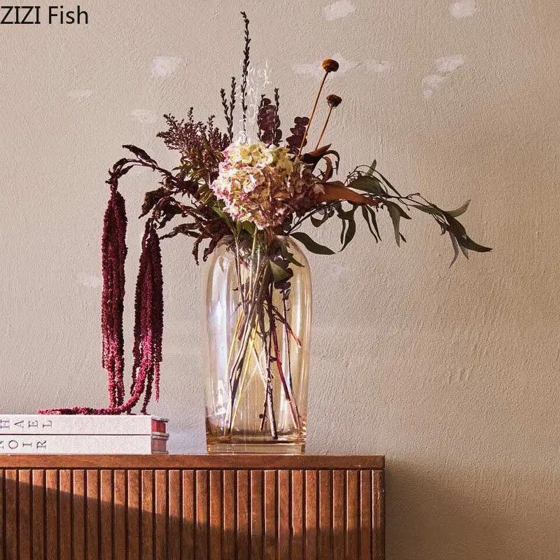 Amber Color Glass Vase Transparent Hydroponics Flower Pots Decorative Flower Arrangement Desk Decoration Vases Modern Home Decor