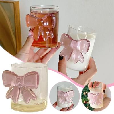 Cute Transparent Pink Bow Glass High Borosilicate Heat-Resistant Milk Glass Cup 3D Coffee Mug Restaurant