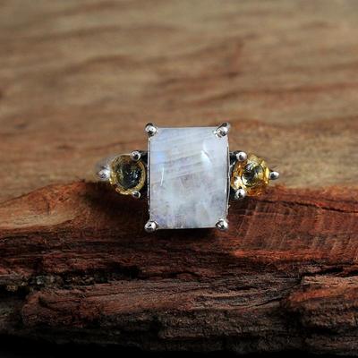 Natürlicher Mondstein Citrin Ring Massiver 925 Sterling Silber Geburtsstein Schmuck Statement Ring