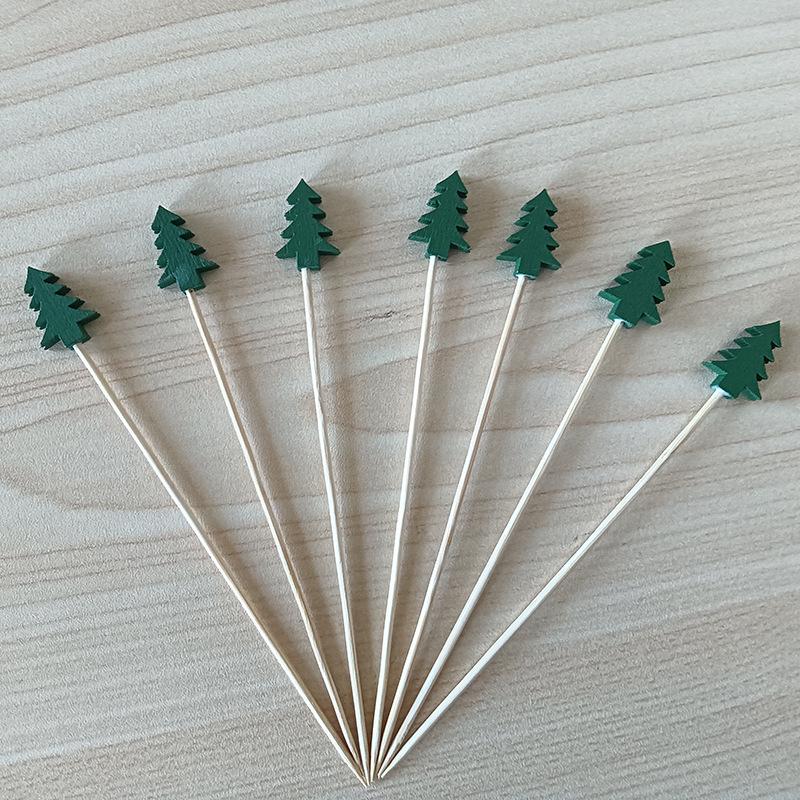Three-Color Christmas Tree Fruit Picks: 100-Piece Pack - Green Fir Tree Shape Bead String Disposable Bamboo Skewers.