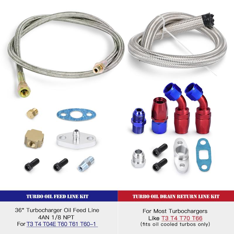 PQY - T3 T4 T3/T4 T70 T66 TO4E Turbo Oil Feed Line Oil Return Line Oil Drain Line Kit Blue and Red PQY-TOL21