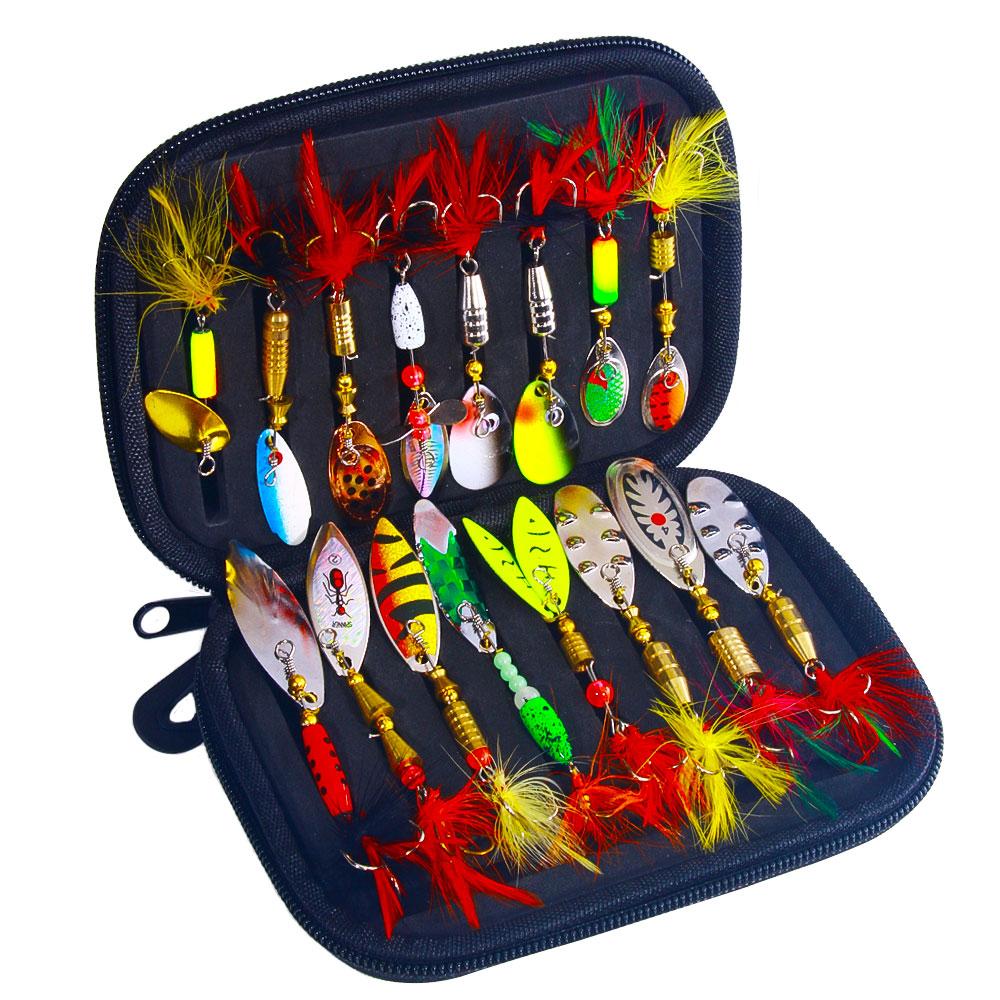 16PCS drehbarer Spinnerbait Metalllöffel Spinner Angelköder Hartköder mit Feder Drillingen mit Tasche Spinnerbait Tackle