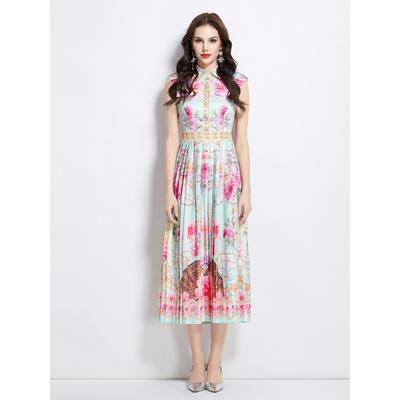 Summer Women Vintage Print Designer Runway Dress Sleeveless Turn-down Collar Shirt Long Maxi Holiday Party Pleated Dresses