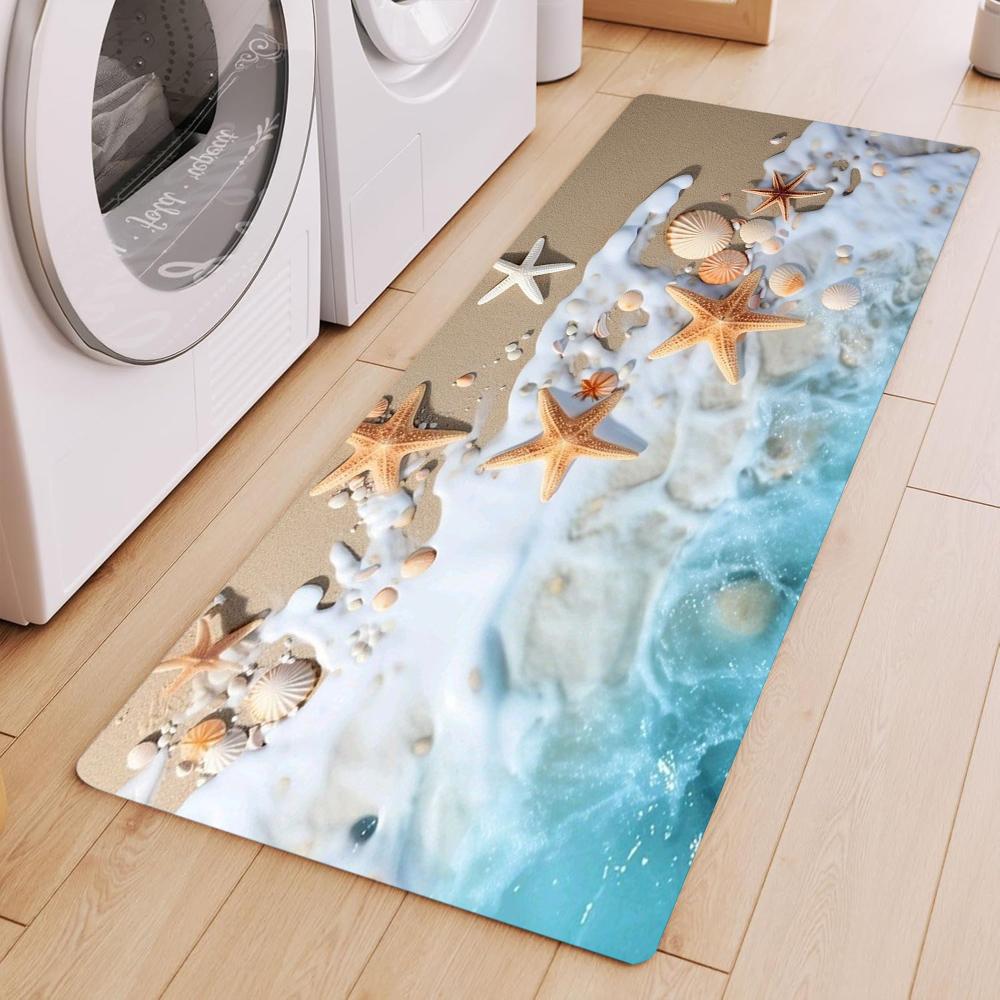 Ocean Beach Scene Runner Rug Sand Ocean Wave Starfish Shells Coral Print Carpet Soft Non-Slip Floor Mat for Hallway Entryway