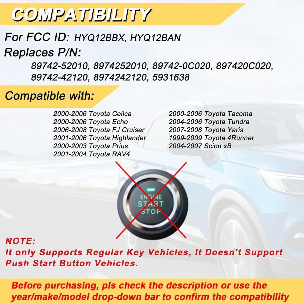 Key Fob Replacement For 2001-06 Toyota Highlander/ 00-06 Celica Echo/ 00-03 Prius/ 01-04 RAV4/ 04-06 Tundra/ 99-09 4Runner/ 2004-2007 XB Remote