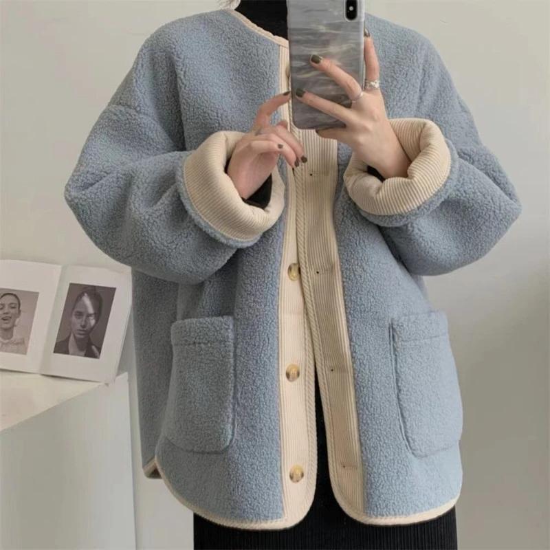Winter Thick Contrasting Retro Loose Women's Clothing Round Neck Mid Length Cardigan Trend All-match Chic Coats