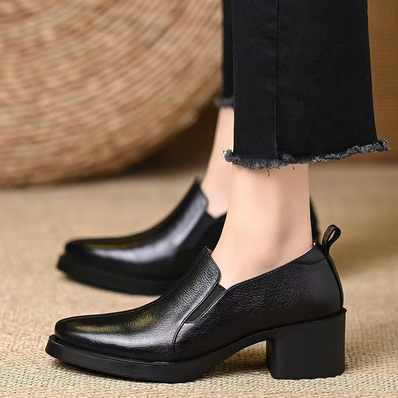 Women Leather Block Heel Slip On Nude Shoes Spring Autumn New Thick Sole Versatile British Style High Heel Commuter Shoes