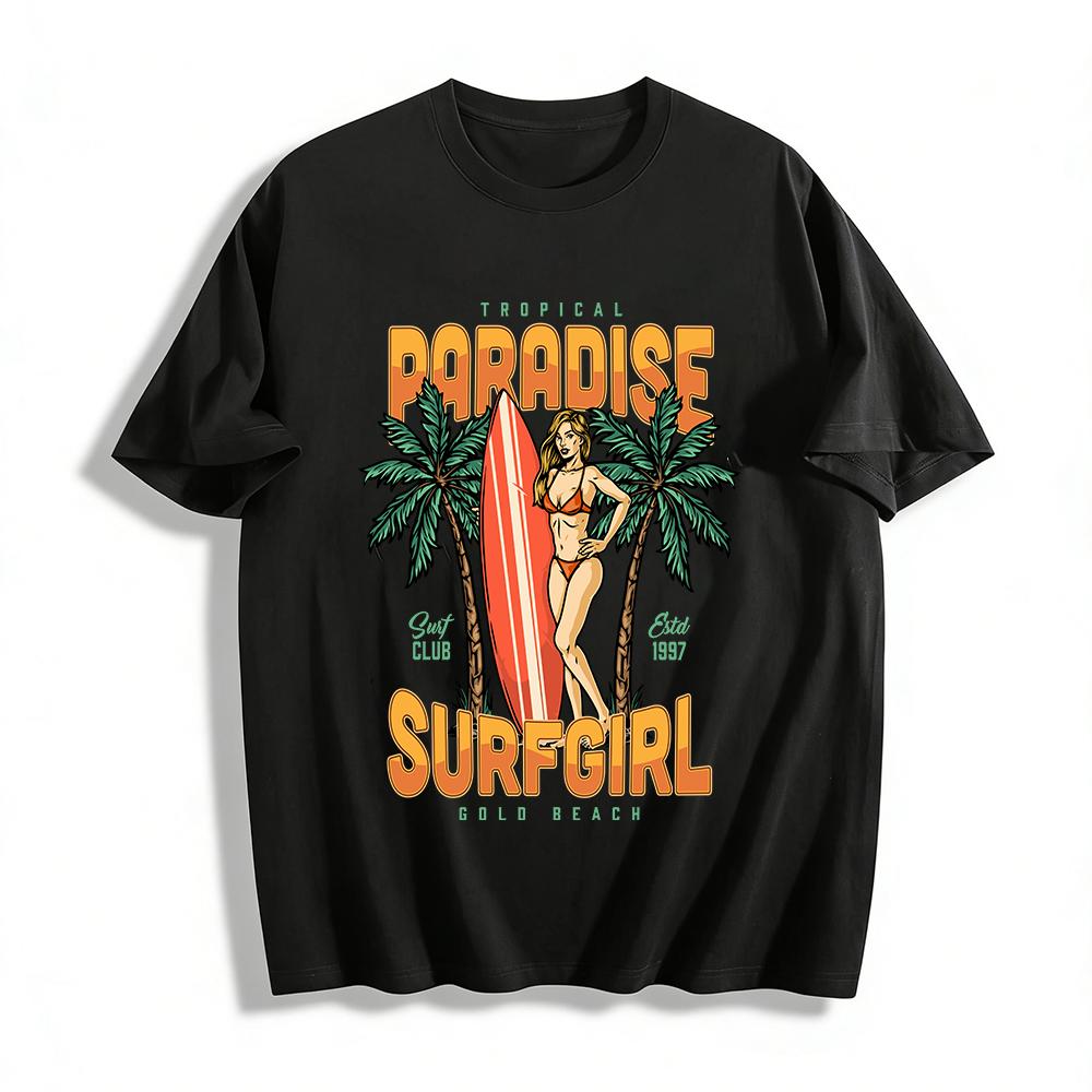 Tropical Paradise Surfgirl Graphic Tee Gold Beach Retro Surf Club Top Pure cotton T-shirt XXS