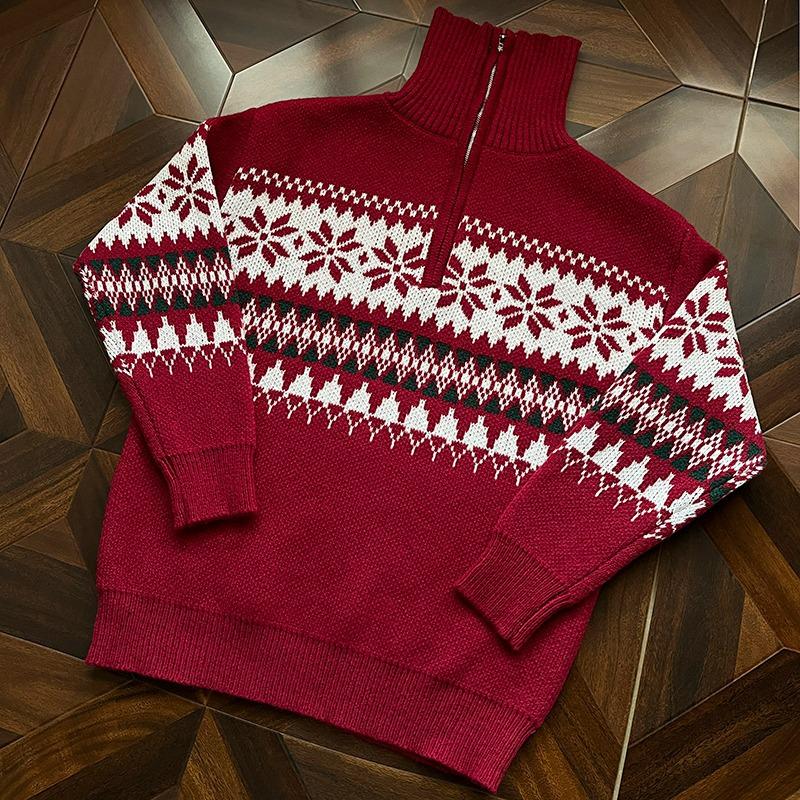 American Fair Isle Red Half-Zip Pullover Sweater for Men & Women - Trendy Autumn/Winter Knitwear Cardigan with High-End Feel