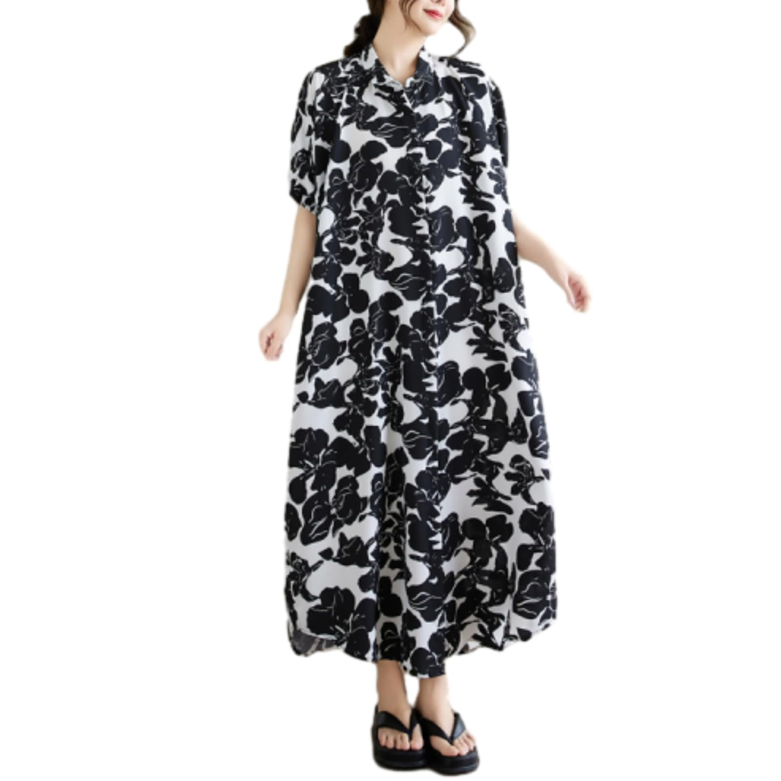 

Рубашка Лонг Поло Открытый Цветочный Лонг Плюс Свободный Идеально для и Осень [POGCZMKK] Женское Платье, Платье, Шея, Перед, Принт, Длина, Размеры, чёрный