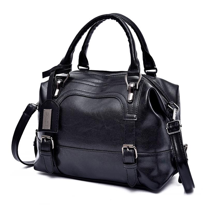 

Trendy women s bags, oily leather handbags, retro shoulder bags, oblique span bags, solid color bucket bags. чорний