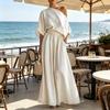 Women's Cotton Linen 2 Piece Sets Casual One Shoulder Half Sleeve Top And Wide Leg Pants Summer Vacation Lounge Outfits