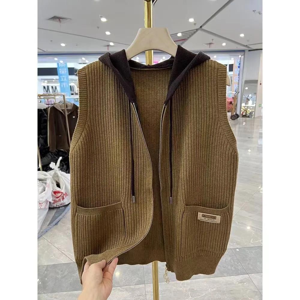 Korean Spring Autumn Hooded Vest Female Loose Knit Cardigan Wild Short Casual Sleeveless Knitting Female Waistcoat Top