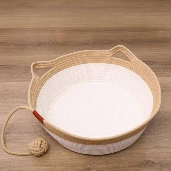 Cat Bed Basket Cotton Rope Woven Pet Bed Breathable Cat Ear Pet Sleeping Basket with Ball Toy for All Seasons Medium Large Cats