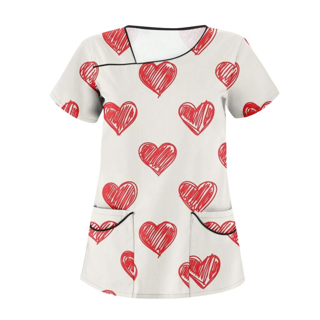 Damen-Arbeitsschutzoberteil mit bedrucktem Valentinstags-Print, schrägem Kragen und zwei Taschen