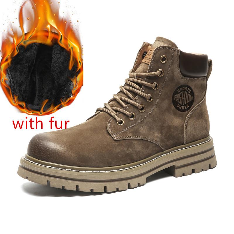 FashionMen Motorcycle Leather Boots Lace Up British Style High Top Shoes Walking Casual Platform Plush Warm Winter Boots Bota Masculina