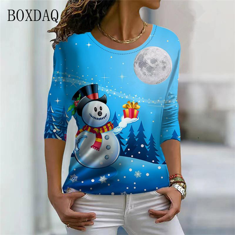 Santa Claus And Snowman Pattern Women Streetwear T-shirts Autumn Winter Long Sleeve 3d Print Christmas Style Ladies Casual Tops