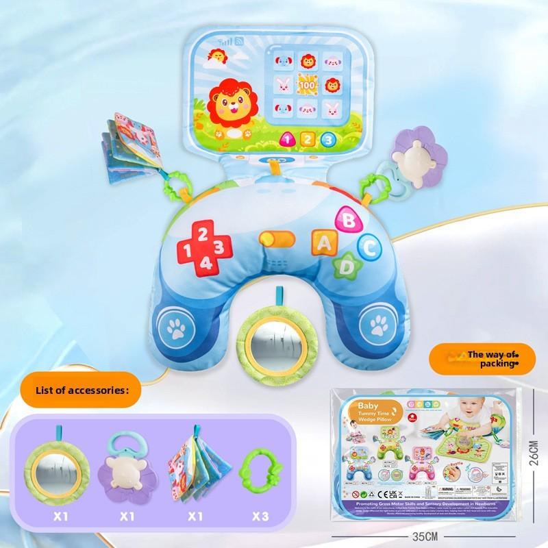 Baby Tummy Time Pillow With Fabric Mirror Book And Rattle For Sensory Development
